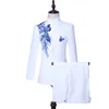 가을 중국 스타일 화이트 스탠드 칼라 2 피스 남성 자켓 정장 블루 스팽글 신랑 양복 의상 (자켓 + 바지) 201106