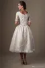 ヴィンテージシャンパンレース茶長袖のウェディングドレスハーフスリーブプフィーAライン非公式の花嫁のレセプションドレスの非白いドレス