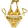 Super Sexy Femmes Golden Bikini Set Maillot de bain Maillot de bain Brésil Plus Taille 4XL Maillots de bain Bas Ruché Discothèque Bikini T200708