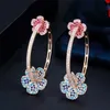 CWWZircons Designer Elegant Micro Pave Blue Red CZ Light Gold Color Big Round Flower Hoop Earrings for Women Jewelry Gift CZ810 211231