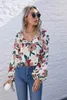 Kvinnors blusar Skjortor Autumn Chiffon Vintage Women Print Tops och BLOUSE V-Neck Lantern Sleeve Flower Shirt For Womens Clothes Lady1