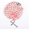 Religieuze gesimuleerde parel kralen paars rose katholieke rozenkrans ketting lange kettingen Jezus sieraden 8 N2