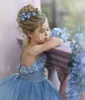 Abiti da ragazza Dusty Blue Flower Girl per matrimonio Robe De Soir￩e Mariage Abiti da spettacolo per bambini Tulle Abito da prima comunione arruffato1