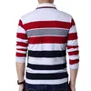 Tfetters Autumn Casual Men Tshirt White and Red Stripe Pattern Fitness långärmad Turndown Collar Cotton Tops Stripe Clothes 201116