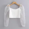 Élégant Sexy Slim Crop Femmes Top Transparent Mesh Patchwork Sleeve V Collier Backless Chic Shirt Stretch White Short Blouse LJ200813