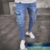 Mens jeans denim pocket byxor sommar hösten tunn smal regelbunden passform rak elasticitet stretchy man