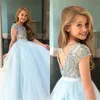 Shiny Criss Cross Backless Little Girl Pageant Birthday Gowns with Beaded Rhinestone Short Sleeves Flower Girls' Dresses for Weddings AL7813