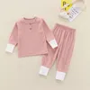 Kids Pajamas Sets Ribbed Clothing Suits Solid Long Sleeve Top + Pants 2Pcs/Set Children Boys And Girls Soft Cotton Home Outfits M4041