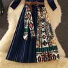 Retro Print Pleated Dress Women Elegant Knitted Patchwork Long Midi Dress Autumn Winter Long Sleeve Vintage Belt Sashes A100 F1215