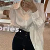 Womens Blouses Shirts 2022 Loose Silk Satin Tops Button Up Puff Sleeve Office Solid Shirt Women White Blouse Blusas Mujer