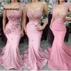 Blush Pink Lace Satin Long Mermaid Prom Dresses Long Sleeve Junior Party Gowns Maid of Honor Dresses With Bow Evening Dress