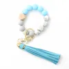 Wood Beads Bracelet Keyring Women bead wrist key chain Silicone Keychain For Keys Tassel Accessories Multicolor Handbag Car Charms Pendant J