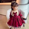 Girls Long-sleeved Wine Red Lolita Princess Dress Toddler Fall Clothes 2022 Flower es Christmas 211231