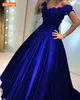 Gorgeous Dark Navy Ball Gown Evening Dresses Off Shoulder Appliques Beaded Satin Formal Dress 2020 Engagement Evening Party Gown LJ201123