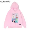 Gonthwid Hip Hop Hoodie Bluza Streetwear Zwierząt Dog Drukuj Polar Kapturem Męskie Harajuku Winter Cotton Pullover Pink 211230