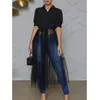 New Fashion Solid Mesh Combo Tunic Women Long Blouse Shirt button up tulle top Splicing dress shirt F0114