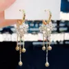 Dangle ljuskrona lyx zircon blomma pärlor tofs långa örhängen för kvinnlig koreansk stil