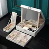 Storage Boxes Bins Square Jewelry Box With Lock Big Mirror Jewellery Organizer PU Leather Case Ring Earring Necklace Ear Stud Display