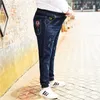 Men Peking Opera Mask Embroidered Elastic Waist Drawstring Jeans Fashion Male Denim Trousers Plus Size 5XL 6XL 7XL 8XL 201128