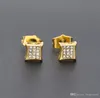 3 Row Micro Pave Bling Square Stud Earrings for Men Women Gold Plated Iced Out Cubic Zirconia CZ Stone Screw Back Earrings Gift Ne287p