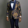 Gold Jacquard Men Suits Shawl Lapel Slim fit Groom Tuxedo Male Fashion Prom Costume Blazer Vest with Pants1252I