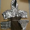 Hip Hop Rock Nightclub Stage Wear Sier Black paljetter Faux Mirror Hooded Cloak Shorts Belt Outfit/Set Bar Party Show Singer Dancer Costume