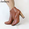 SORBERN BROWN BLOCK HEELの女性ブーツワイドアンクルスタイルサイドジッパーショートブーティチャンキーハイヒールかわいい丸いつま先の靴春