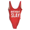 BIRTHDAY SLAY Letter Print One Piece Swimsuit Women Girl Swimwear Women High Cut Bathing Suit Plus Size Monokini Beachwear femme T200708