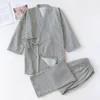 Colore solido giapponese 100% cotone coppie domestiche kimono set uomini e donne con scollo a V pigiama primavera sottile pigiama loungewear sleepwear T200707