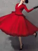 Vestido de Bola Vermelha Elegante Vintage Quinceanera Prom Vestido V Neck Manga Longa Comprimento Do Joelho Tulle Noite Formal Vestidos de Fiesta Robe Soiree 2022