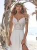 Atraente praia laço vestidos de noiva sem encostos frisado v pescoço um lado lateral split vestidos nupciais chiffon varredura de trem robe de mariée