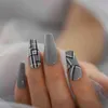 Valse nagels Nail Art False S Coffin Grijs Druk op Medium lang met Designs Fake S Stick Display Faux GLES SHIMMER 220225