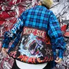 HISTREX Plaid Dress Shirts Mens Hip Hop Shark Printed Long Sleeve Jacket Shirts Pockets 100% Cotton Extended Streetwear H120AF# C1210