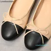 Fashion-Ballet Flats Shoes Women Basic Leather Tweed Cloth Two Color Splice Bow Round Ballet Shoe Fashion Flats Women Shoes