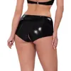 Plus Size 7XL Open Crotch Sexy Panties Women Novelty Underwear Hollow Out Low Waist PVC Briefs Wet Look Faux Leather Underpants