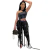 Kvinnors Faux PU Läder Pant Top Sweatsit Set Drawstring Lace Up Slit Leggings Suit Street TrackSuit Two Piece Fitness Outfit