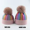 Cappello da bambina con pompon in pelliccia di volpe invernale per bambini Berretto in lana di cashmere lavorato a maglia Colori stampa Skullies Cap Y201024