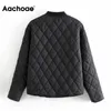 Aachoae Fashion Argyle Padded Jacket Women Long Sleeve Casual Outerwear Coat Autumn Winter Loose Jackets Female Tops 201017