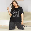 Nieuwe 2021 Zomer Plus Size Pyjama voor Dames Cartoon Zwart T-shirt en Lange Broek Thuis dragen Twee stukjes 4XL 5XL 6XL 7XL X0428