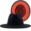 Fake Wool Felt 2 Tone Different Color Wide Brim Women Men Fedora Hat Brown Red Patchwork Jazz Party Formal Hat with Thin Black Bel232y