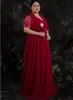 Högkvalitativ elegant mörk röd mor till bruden klänningar spetsar kort ärmar sexig v-hals wrap golvlängd kvällsklänning