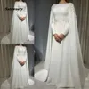 Beyaz Müslüman Gelinlik Cape A Hat Long Long Sleeve Gelin Elbise Dantel Aplikler Süpürme Tren Düğün Vestidos