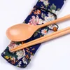 3pcs/set Chinese Chopsticks Spoon Cloth Bag Wooden Dinnerware Set Portable Tableware With floral Cloth Bag for outdoor Travel L