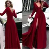Elegancki Burgundy Długie sukienki Długie Rękawy V Neck High Slit A Linia Suknie Wieczorowe Formalne Kobiety Specjalne okazje Dresses