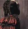 빈티지 고딕 검은 색과 진한 빨간색 빨간색 정장 이브닝 드레스 긴 소매 ruffles ruched 코르셋 댄스 파티 가운 중세 빅토리아 가장 무도성 특별 행사 드레스