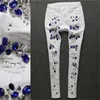 Beading with Diamond Ripped Femme Stretch White Female Hole Jeans Woman Thin Denim Pencil Pants 201030