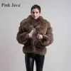 Pink Java QC8139 arrival women winter thick fur coat real jacket high quality stand collar outfit luxury 211220