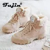 Hot Koop Fujin Dames Snowboots Beige Pluche Warm Bont Causale Laarzen Schoenen Sneakers Enkellaarsjes Platform Dikke Zool Veterschoenen