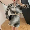 2021 A Line Autumn Vintage Houndstooth Tweed 2 Piece Set Women Plaid Single-Breasted Short Jacket Coat + Bodycon Mini Skirt Suit Outfit