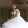 Muhteşem A-line Gelinlik Ruffles Plaj Boho Kısa Kollu Boncuk Dantel Aplike Gelin Törenlerinde Katmanlı Tül Custom Made Vestidos De Novia